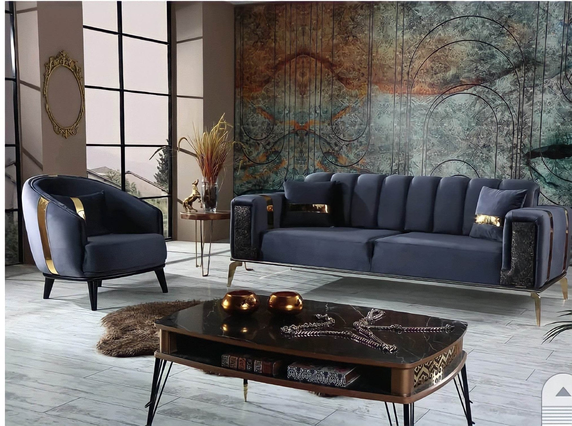 The Lyon Sofa sets in Luxury Cream/Navy Blue or Grey Velvets - Smartshopper-uk