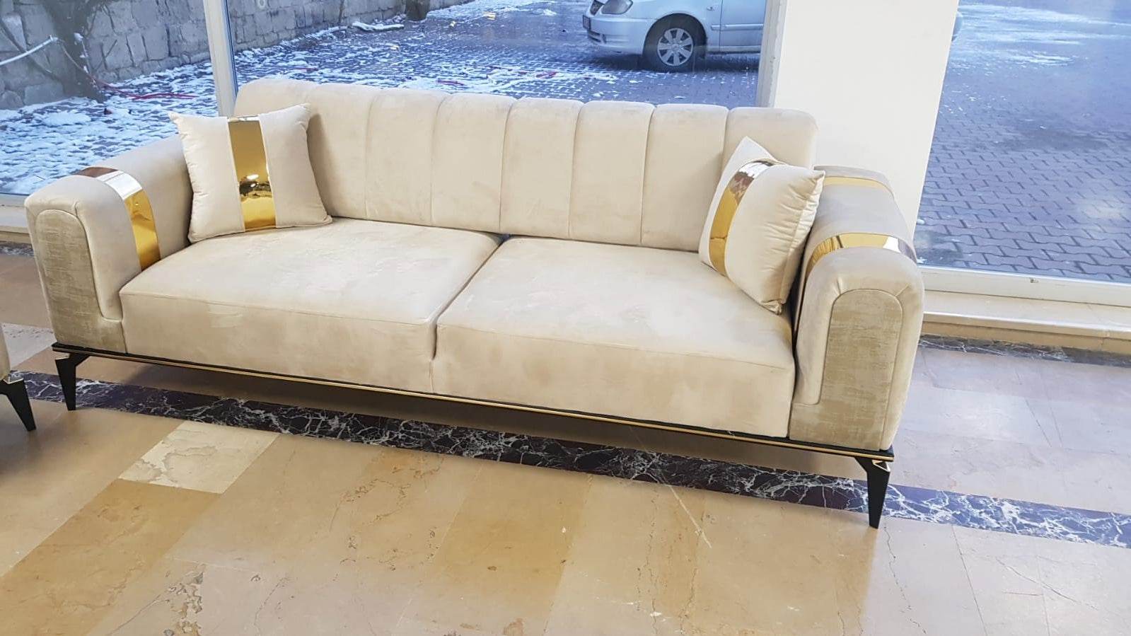 The Lyon Sofa sets in Luxury Cream/Navy Blue or Grey Velvets - Smartshopper-uk