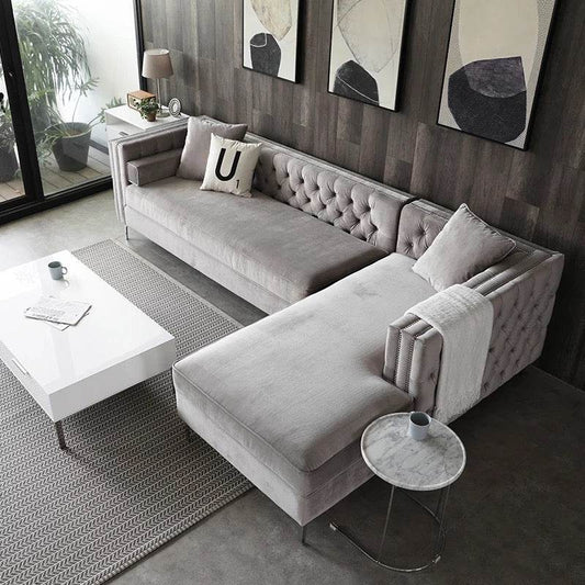 The New Cubic Chesterfield in Luxury Grey Velvet Corner Settee Suite Sofa - Smartshopper-uk
