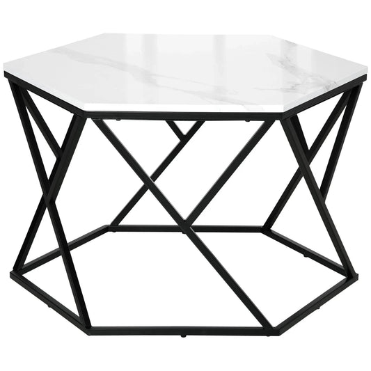Coffee Table with High Gloss Marble Tabletop, Modern Cocktail Table with Steel Frame for Living Room, White - Uklf
