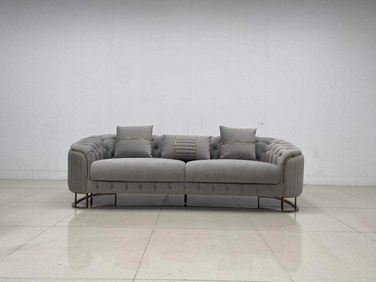 Phoenix Modern Sofa Set in Premium Light Grey Velvet with Gold Accents – Stylish Comfort for Your Home - UK Luxury Furniture
