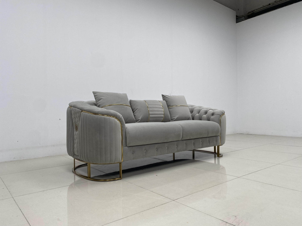 Phoenix Modern Sofa Set in Premium Light Grey Velvet with Gold Accents – Stylish Comfort for Your Home - UK Luxury Furniture