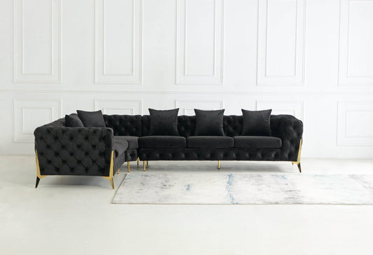 Rocky Chesterfield Closed-End Corner Sofa Set in Black Velvet - Smartshopper-uk