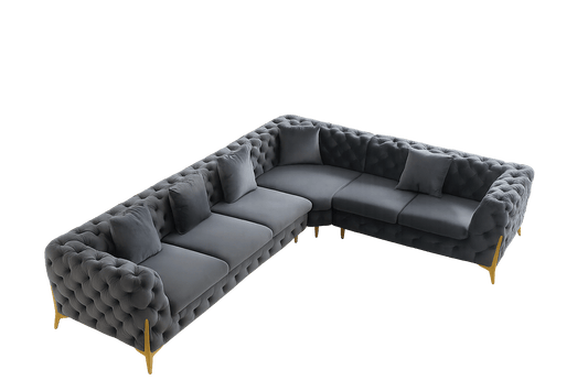 Rocky Chesterfield Closed-End Corner Sofa Set in Grey Velvet - Smartshopper-uk