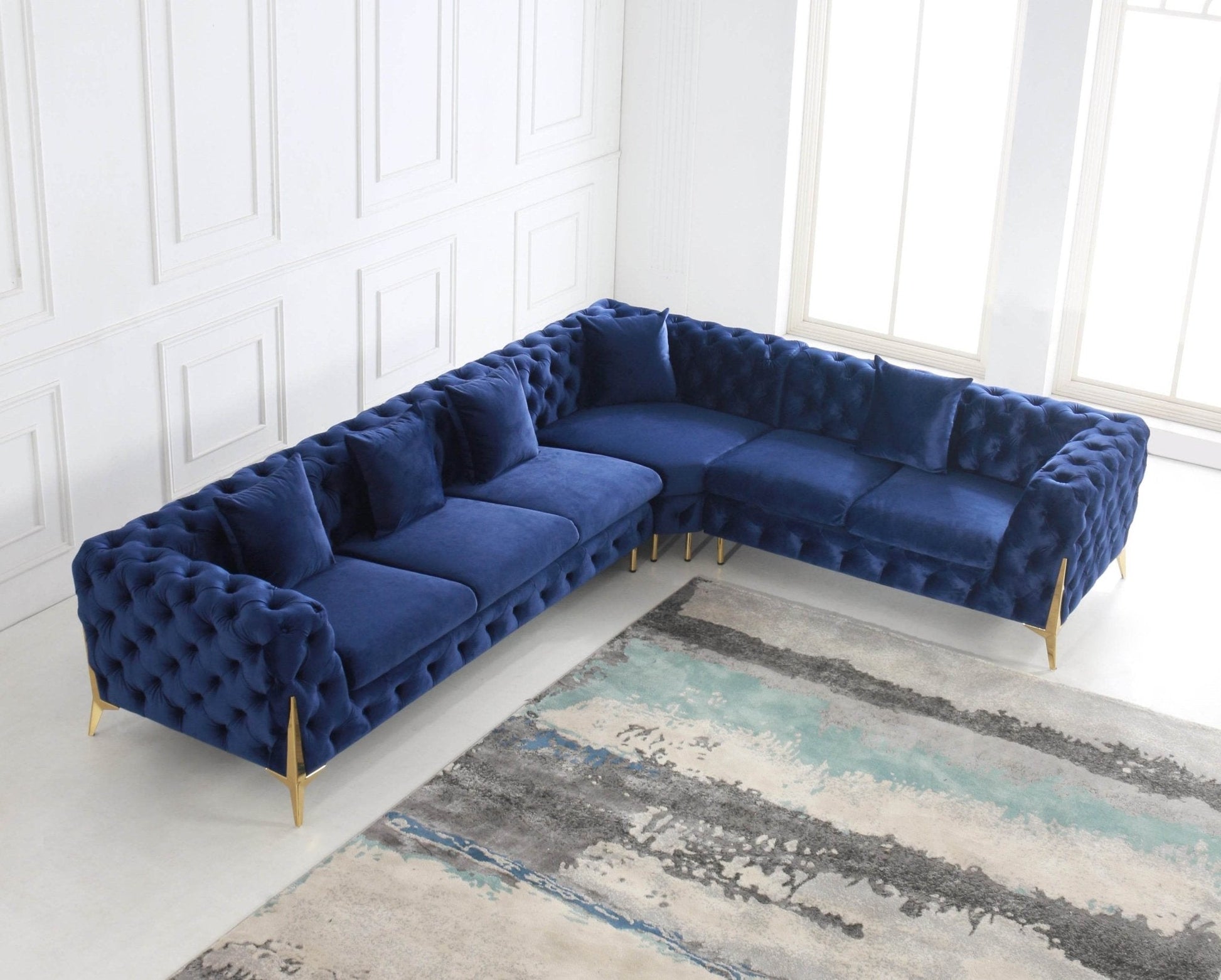 Rocky Chesterfield Closed-End Corner Sofa Set in Navy Blue Velvet - Smartshopper-uk