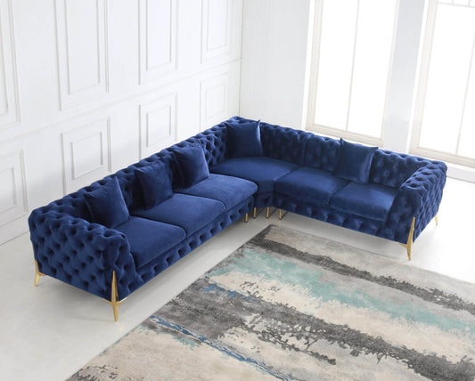Rocky Chesterfield Closed-End Corner Sofa Set in Navy Blue Velvet - Smartshopper-uk