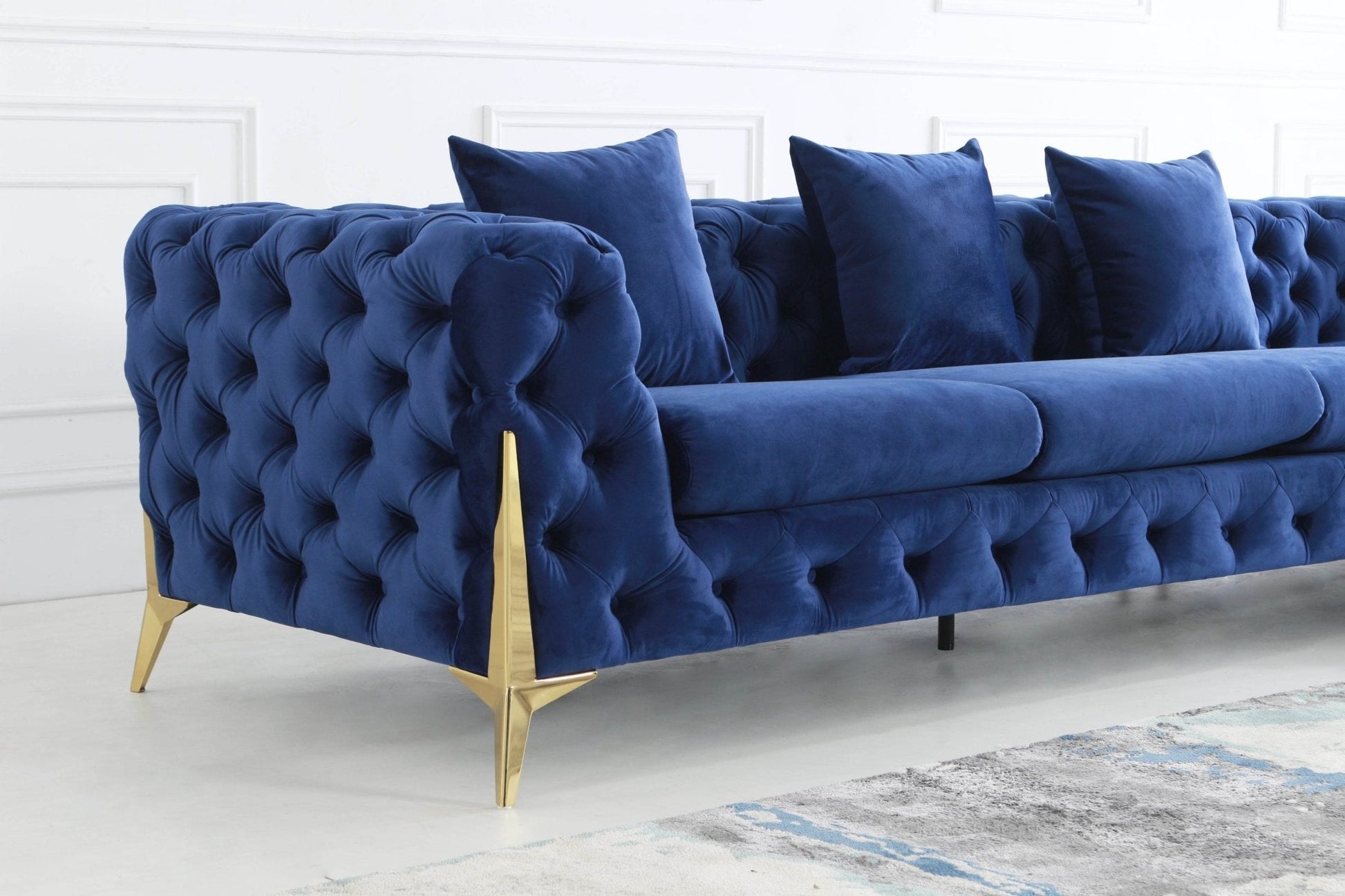 Rocky Chesterfield Closed-End Corner Sofa Set in Navy Blue Velvet - Smartshopper-uk