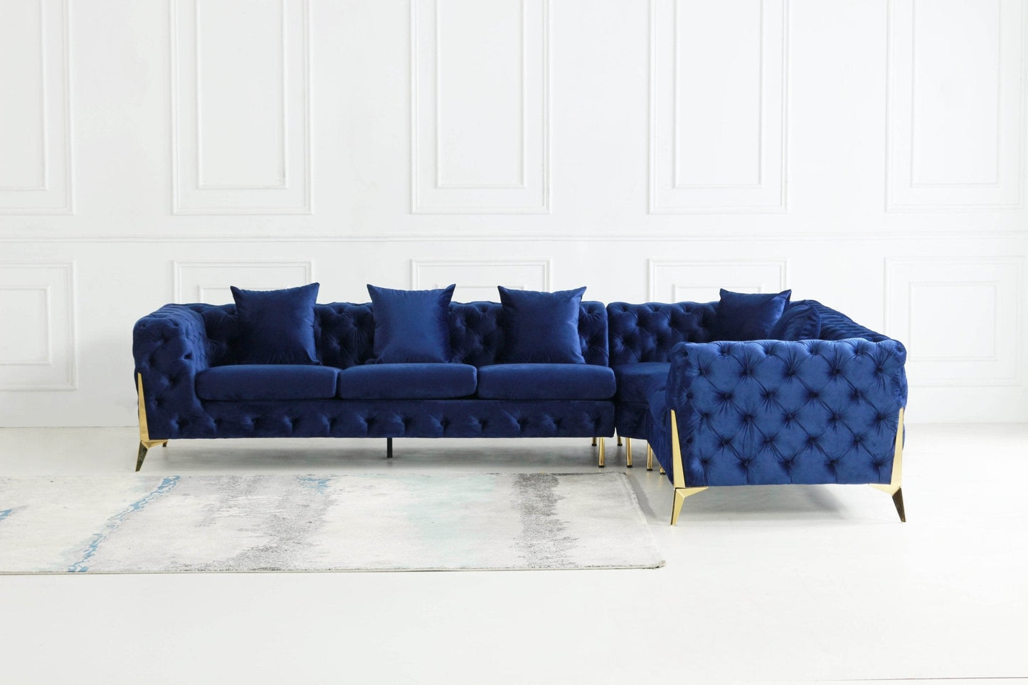 Rocky Chesterfield Closed-End Corner Sofa Set in Navy Blue Velvet - Smartshopper-uk