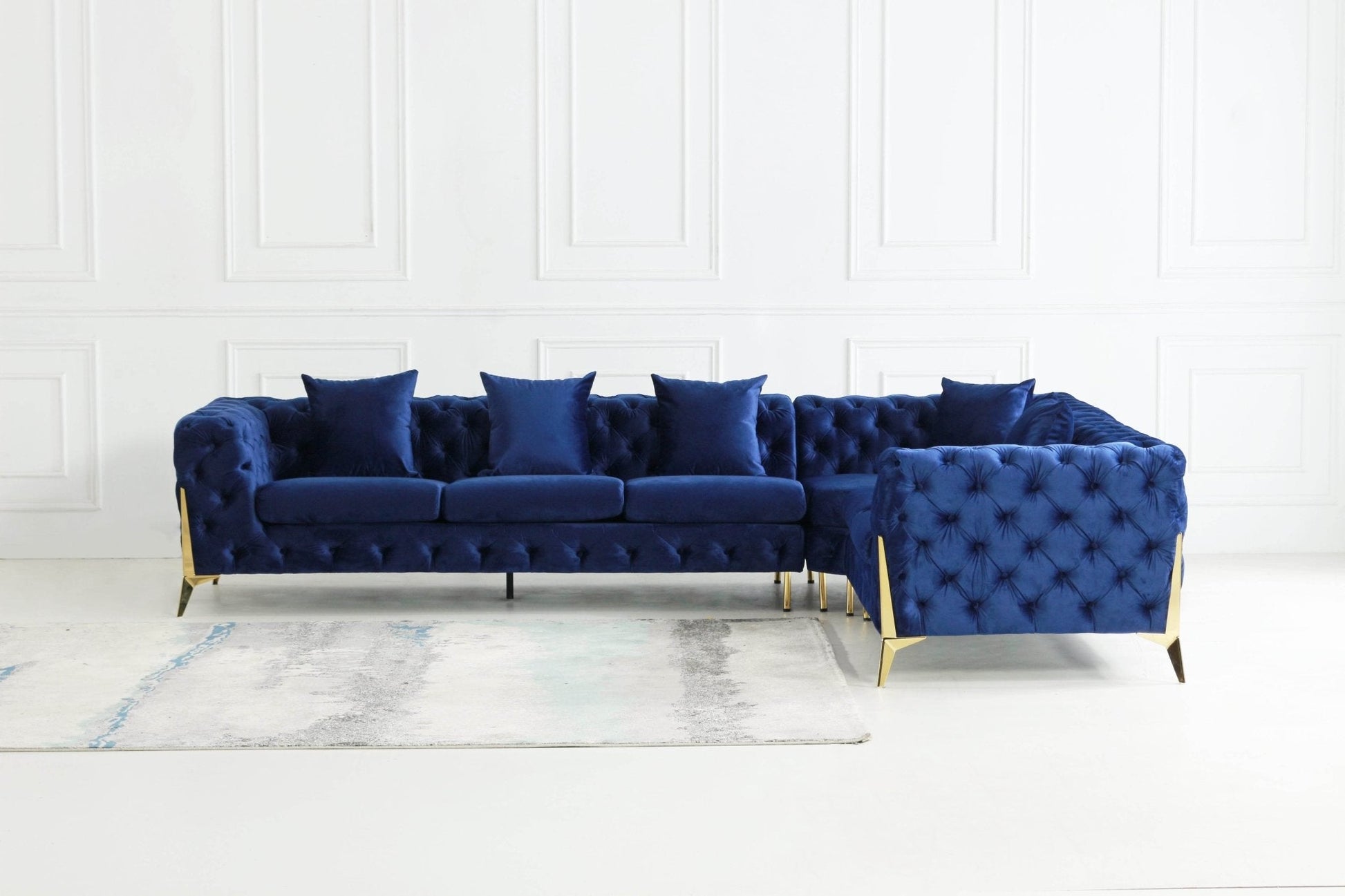 Rocky Chesterfield Closed-End Corner Sofa Set in Navy Blue Velvet - Smartshopper-uk