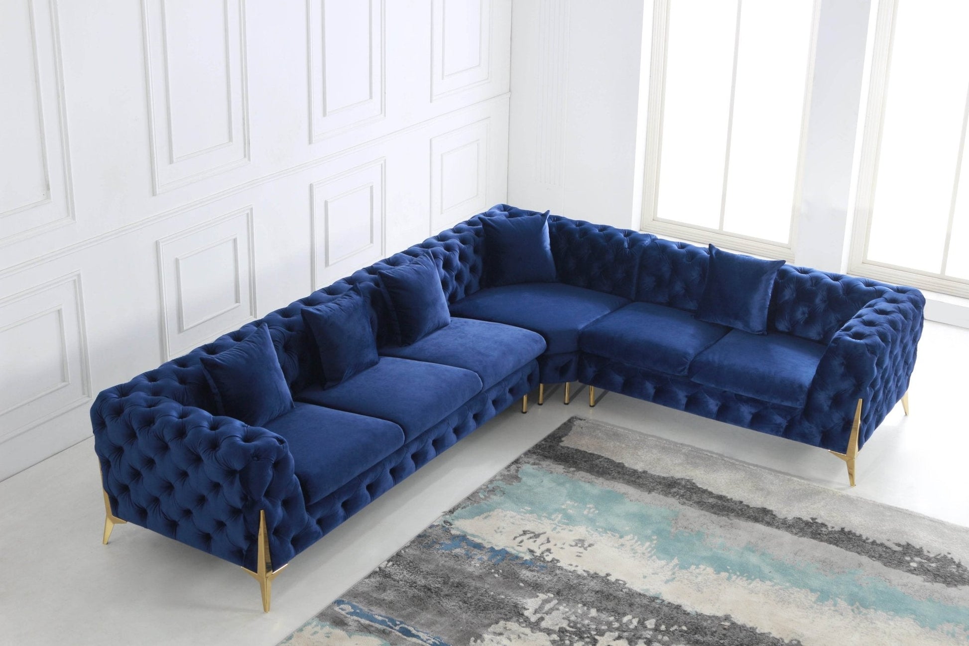 Rocky Chesterfield Closed-End Corner Sofa Set in Navy Blue Velvet - Smartshopper-uk