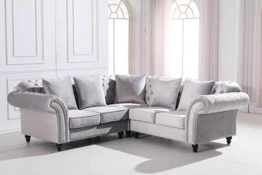 The New Chesterfield L Shape Corner Sofa in Luxury Light Grey Velvet - Smartshopper-uk