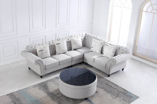 The New Chesterfield L Shape Corner Sofa in Luxury Stone Grey Fabric with Coffee Table - Smartshopper-uk