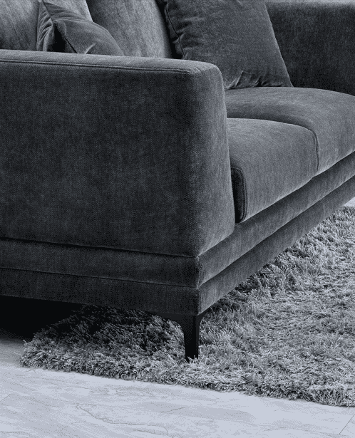 Close-up of the Aluxo Lenox Sofa Range in Steel Velvet, showcasing its plush cushions and elegant design, perfect for contemporary interiors.