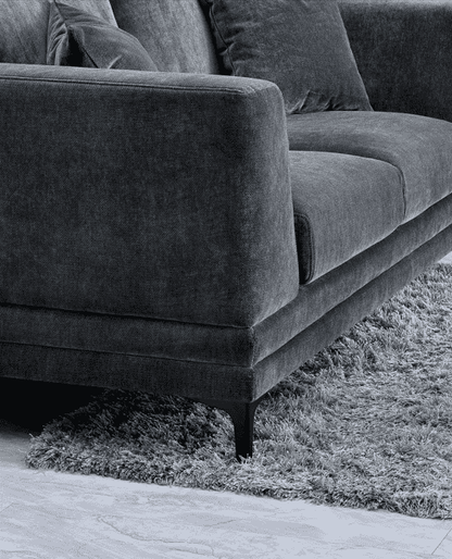 Close-up of the Aluxo Lenox Sofa Range in Steel Velvet, showcasing its plush cushions and elegant design, perfect for contemporary interiors.