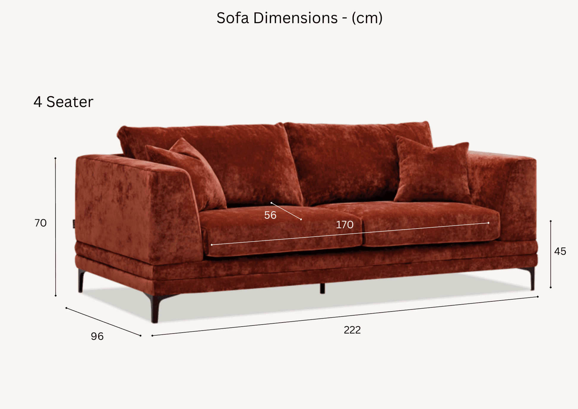 Detailed image showing the dimensions of the 4-seater Aluxo Lenox Sofa Range in rich mermaid fabric, perfect for modern interiors.