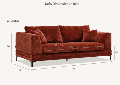 Detailed image showing the dimensions of the 4-seater Aluxo Lenox Sofa Range in rich mermaid fabric, perfect for modern interiors.