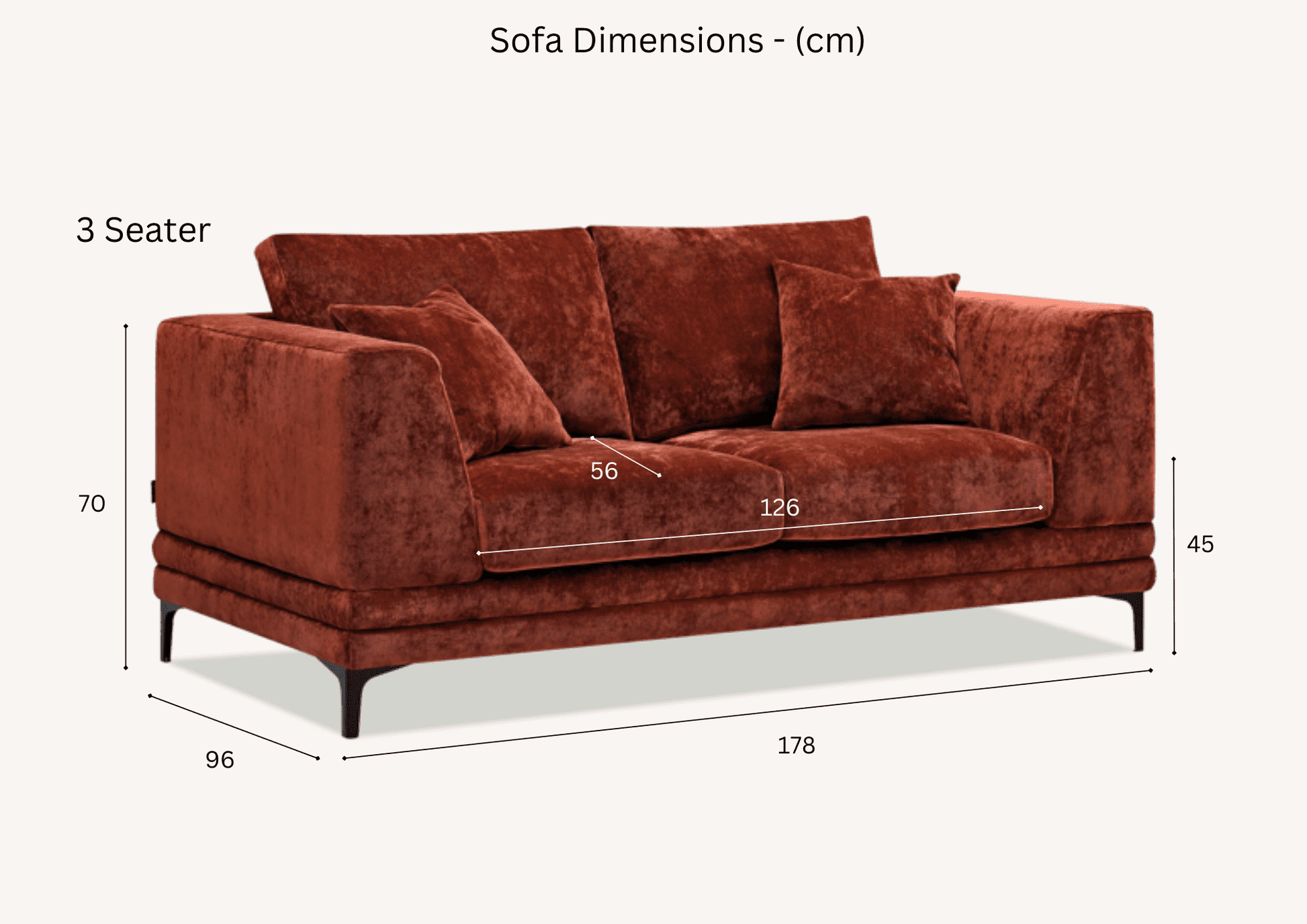 Illustrative view showcasing the dimensions of the 3-seater Aluxo Lenox Sofa Range in vibrant mermaid fabric, ideal for stylish living spaces.