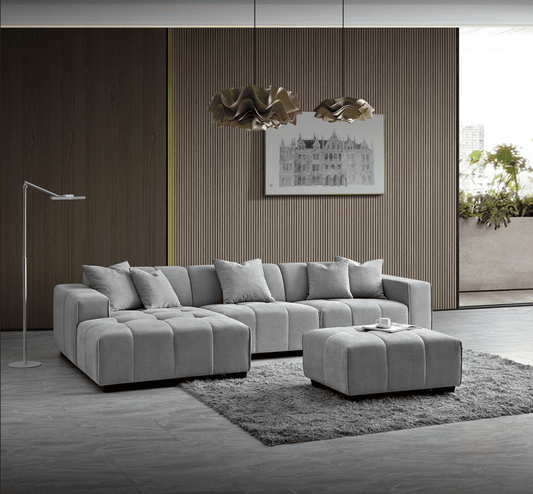 Aluxo Leonard Left Hand Corner Group in Cloudy Grey Boucle showcasing its plush cushions and cozy design.