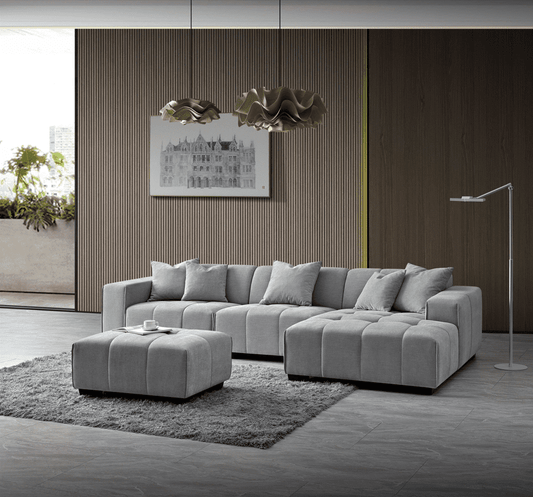 Aluxo Leonard Right Hand Corner Group sofa in Cloudy Grey Boucle, showcasing its block stitched seat cushions and plush scatter cushions, designed for comfort and durability.