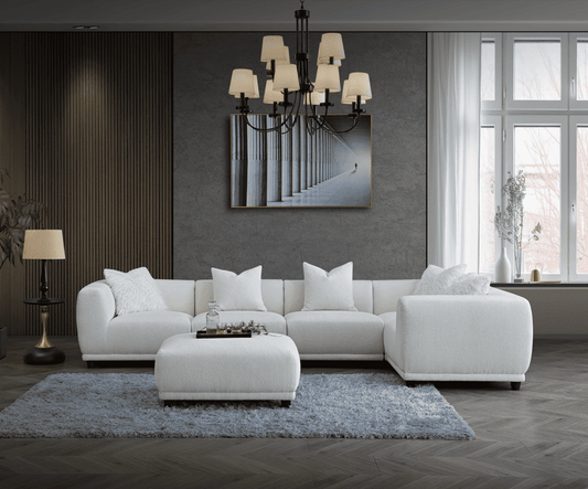 Aluxo Lottie Modular Corner Group in Polar Boucle showcasing its stylish design and plush comfort environment.