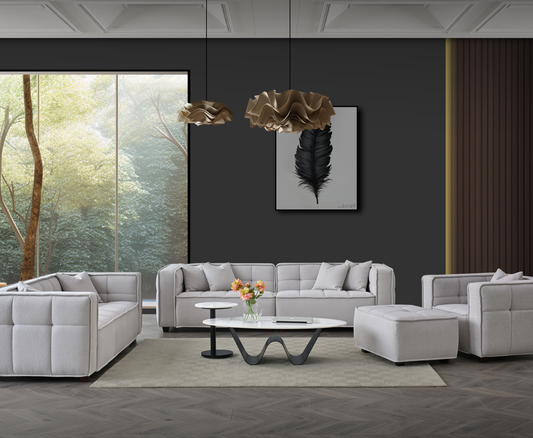 Stylish Aluxo Murray Sofa Range in Putty Boucle Fabric displayed in a contemporary living room with large windows and elegant decor.