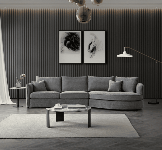 Aluxo Rubin Corner Chaise in Charcoal Boucle - UK Luxury FurnitureAluxo Rubin Corner Chaise in Charcoal BoucleSofasAluxoUK Luxury Furniture8746763353170750952729231707Stylish living room featuring the Aluxo Rubin Corner Chaise in Charcoal Boucle, accentuated by modern decor and comfortable furnishings.