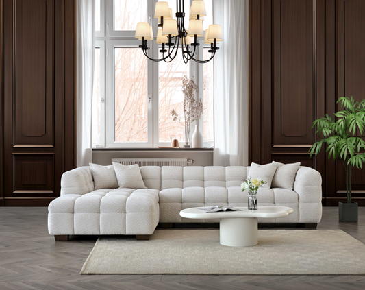 Aluxo Tribeca Corner Group in Oatmeal Boucle Fabric showcasing deep channel stitching and luxurious design.
