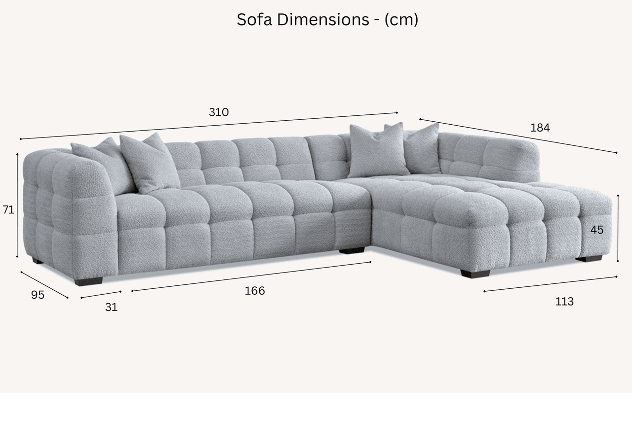 Aluxo Tribeca Right Hand Corner Group in Oatmeal Boucle Fabric - UK Luxury FurnitureAluxo Tribeca Right Hand Corner Group in Oatmeal Boucle FabricSofasAluxoUK Luxury Furniture8746763773429950952750334299Dimension diagram of the Aluxo Tribeca Right Hand Corner Group in Oatmeal Boucle Fabric, detailing the sofa's measurements in centimetres for optimal space planning.