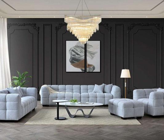 Stylish living room featuring Aluxo Tribeca Sofa Range in Pearl Boucle Fabric, showcasing deep channel stitching and modern design.