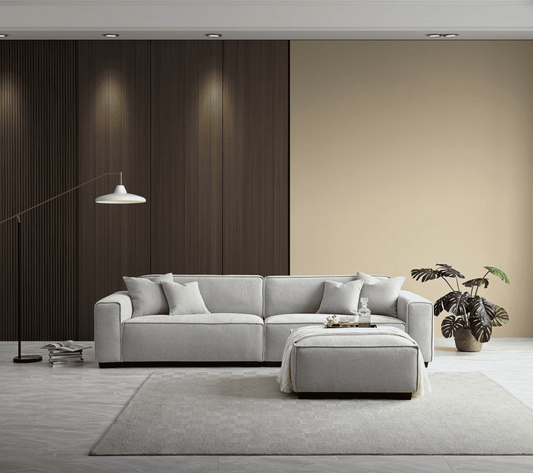 Stylish ALUXO Dakota Sofa Range in Pebble Boucle, featuring a spacious design, soft cushions, and elegant armrests, perfect for modern interiors.