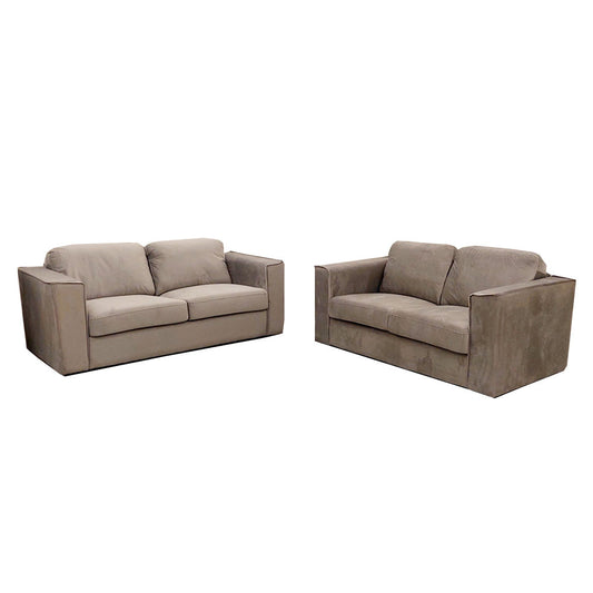 Hudson 3 and 2 Seater Sofa by Furnish 365 Limited featuring a fixed back cushion and squared arms in a stylish beige fabric.