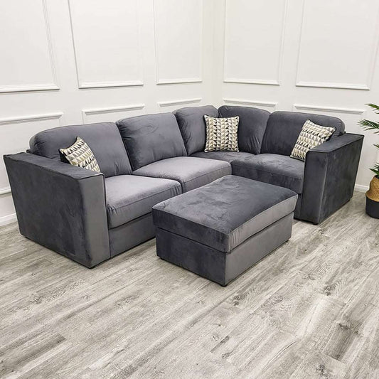 Stylish Hudson 4 Piece Corner Sofa by Furnish 365 Limited, featuring a grey fabric finish, soft cushions, and a matching footstool, perfect for modern living rooms.