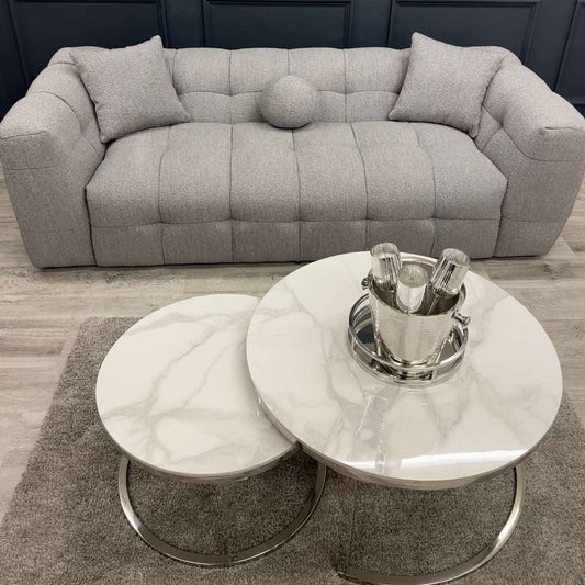 The Bubble Boucle 3 Seater Sofa - UK Luxury FurnitureThe Bubble Boucle 3 Seater SofaSofasFurnish 365 LimitedUK Luxury Furniture8746763225593150952735555931GreyStylish Bubble Boucle 3 Seater Sofa by Furnish 365 Limited, featuring a modern design with plush cushioning and a grey fabric finish, complemented by elegant round coffee tables.