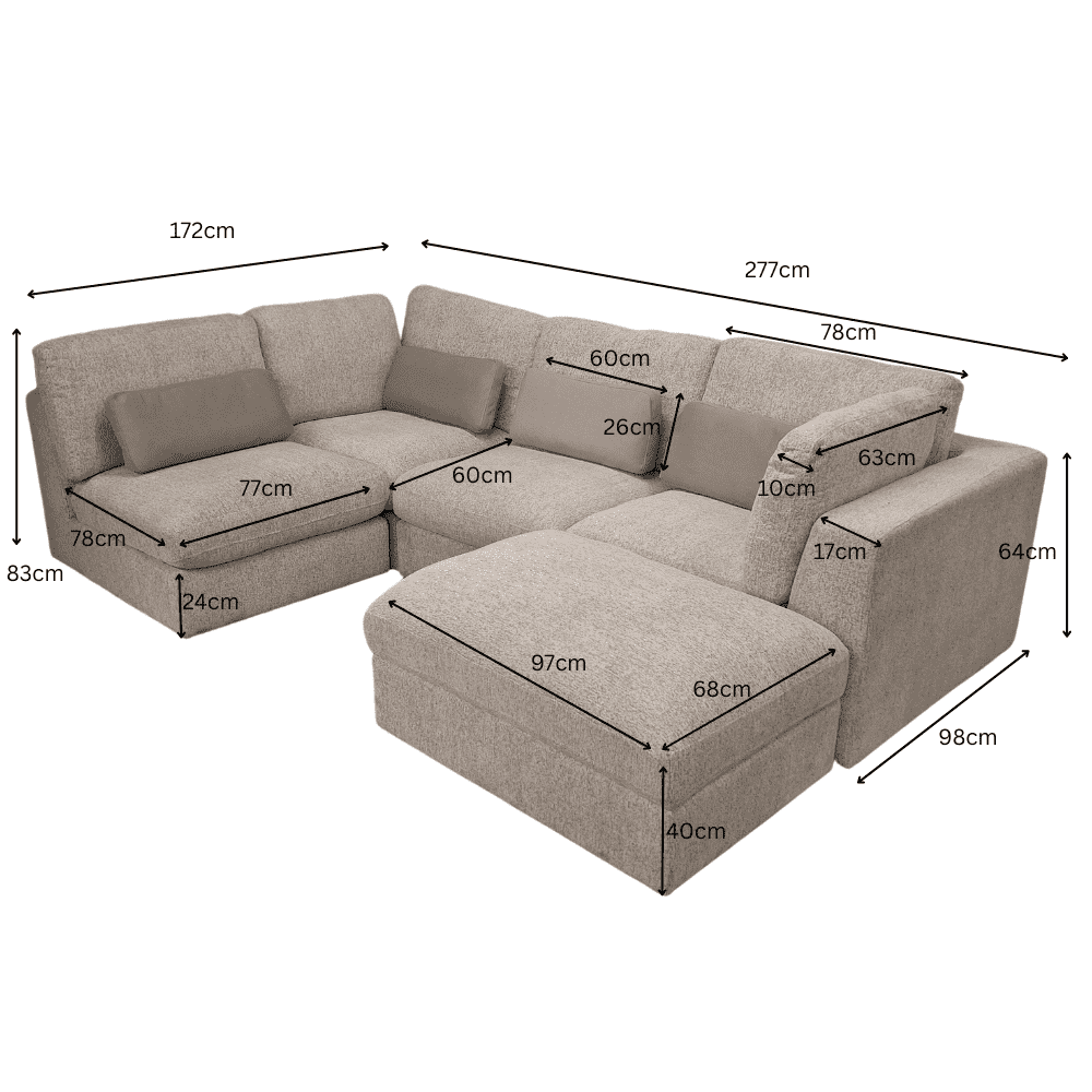 Dimensions illustration of the Madison U Shape Sofa by Furnish 365 Limited, detailing various measurements to highlight its spacious and functional design.