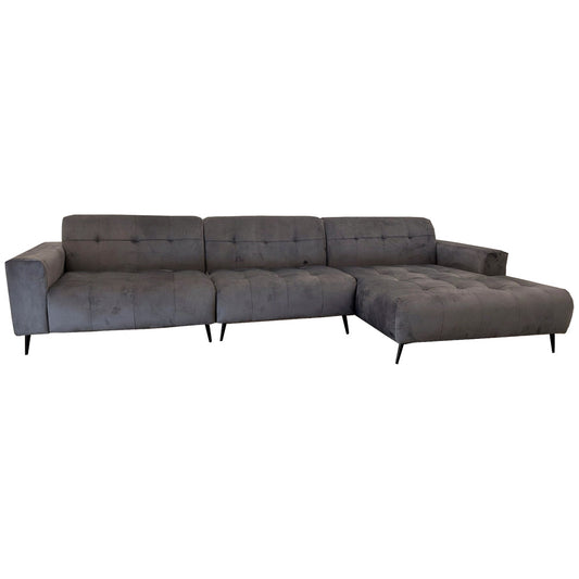 Stylish Oslo Open Plan Sofa by Furnish 365 Limited, featuring a modern design with a grey tufted fabric finish and sharp black legs, perfect for contemporary living rooms.