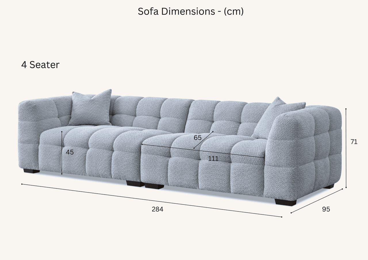 Dimensions of the Aluxo Tribeca Sofa Range in Oatmeal Boucle Fabric, showcasing a spacious 4-seater design with measurements clearly marked.