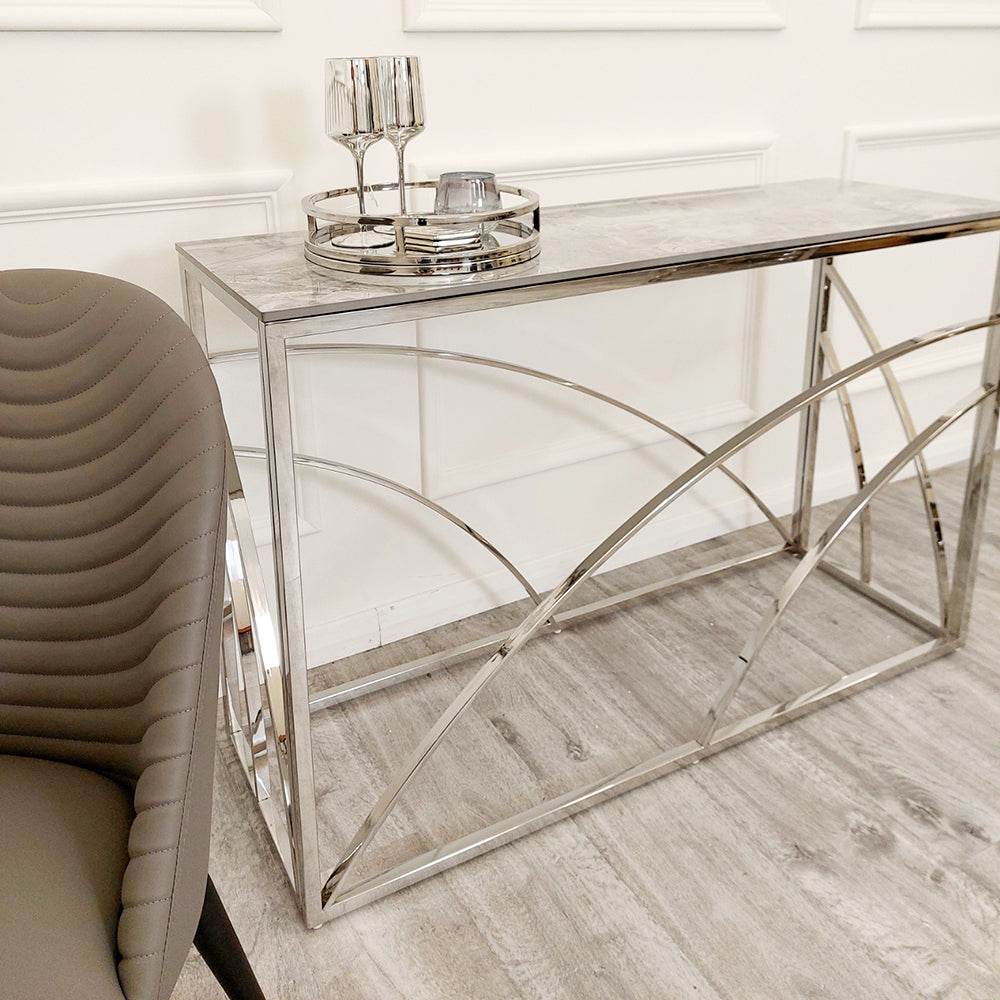 Stella Chrome Console Table - Elegant Ash Grey Sintered Top, H: 77cm W: 120cm D: 40cm - UK Luxury Furniture