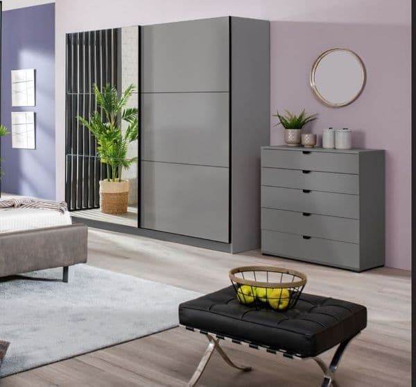 Valentina Graphite Grey 220cm Sliding Wardrobe with Mirror and Ample Storage - UK Luxury Furniture