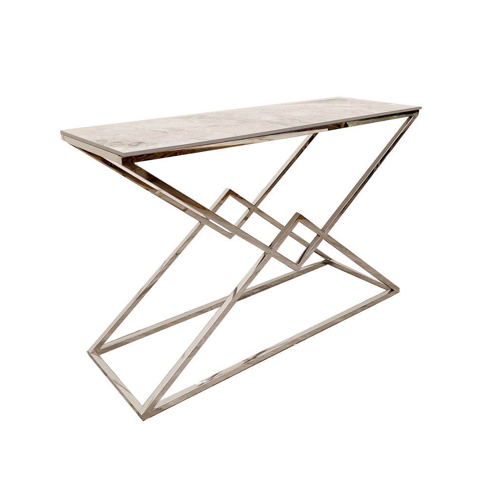 Vesta Chrome Console Table with Stomach Ash Sintered Stone Top - Smartshopper-uk