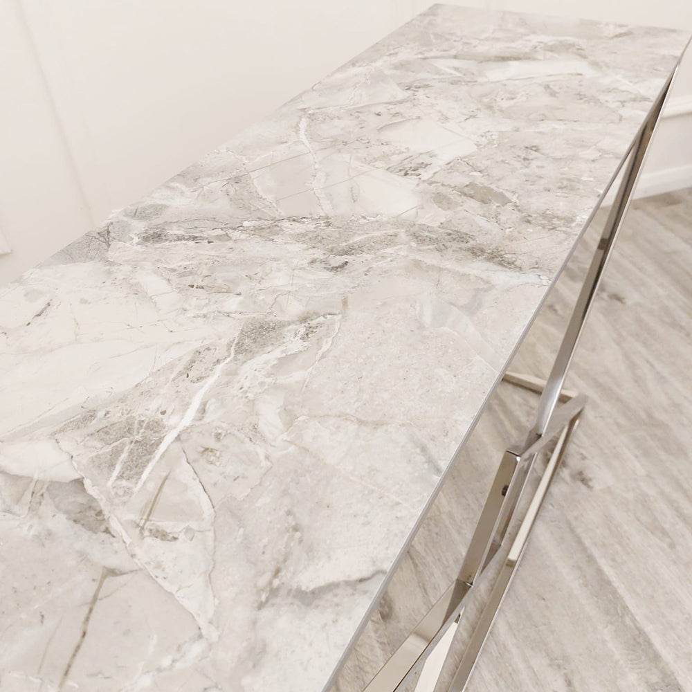 Vesta Chrome Console Table with Stomach Ash Sintered Stone Top - Smartshopper-uk