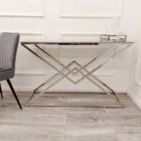 Vesta Chrome Console Table with Stomach Ash Sintered Stone Top - Smartshopper-uk