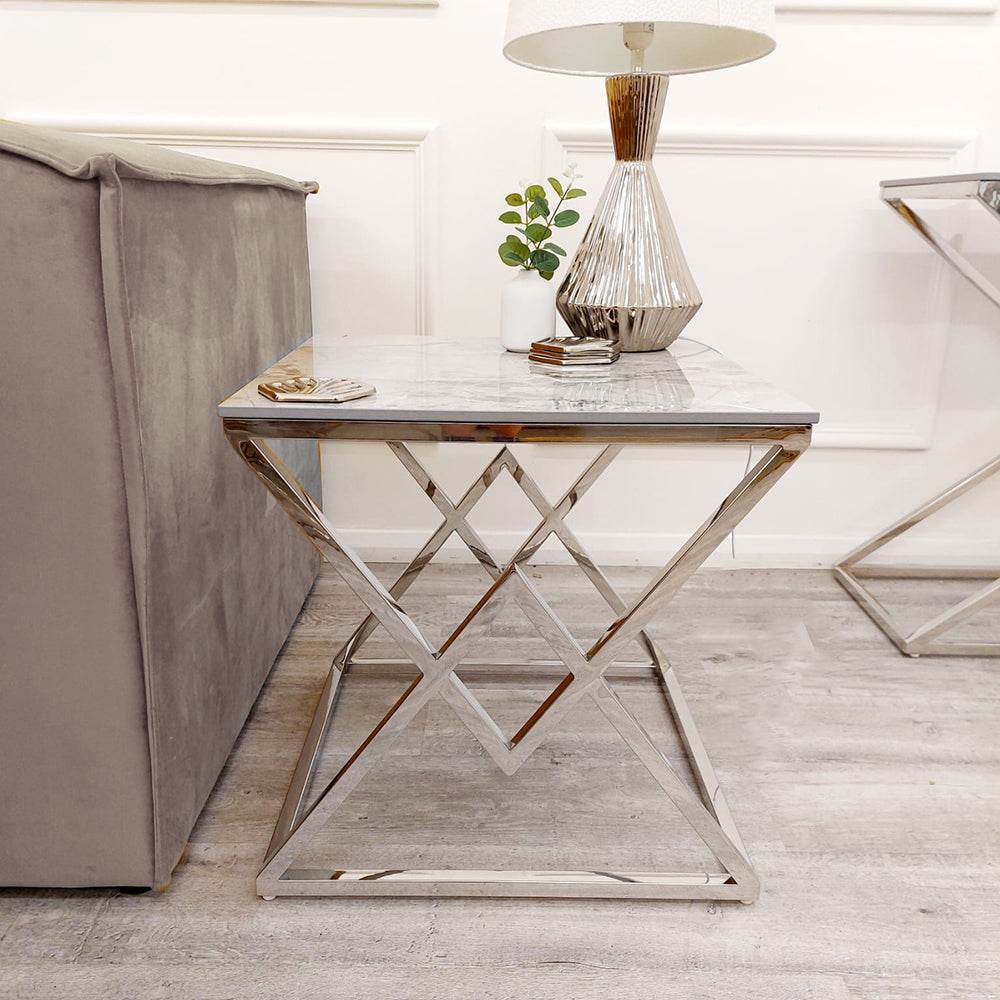Vesta Chrome Lamp Table with Stomach Ash Sintered Stone Top - Smartshopper-uk