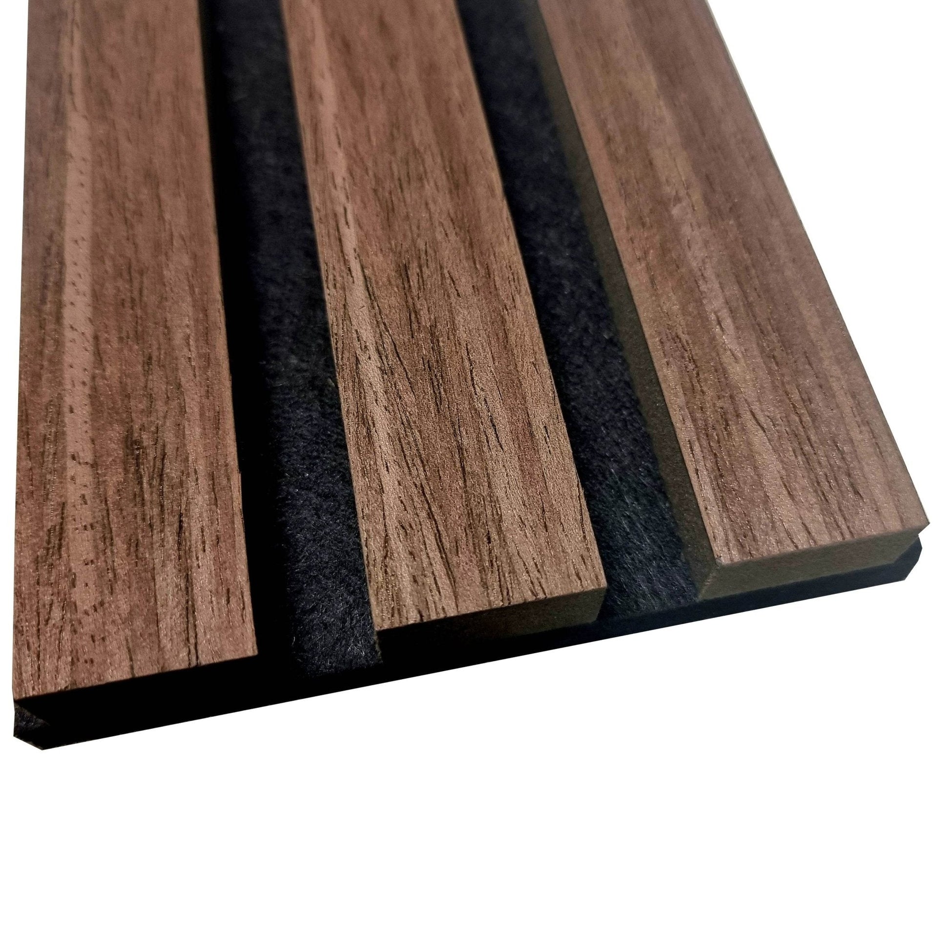 Close-up view of Acoustic Wood Slatted Wall Panels by Furnish 365 Limited showcasing a rich brown finish, ideal for adding luxury furniture style and sound dampening features to your space.