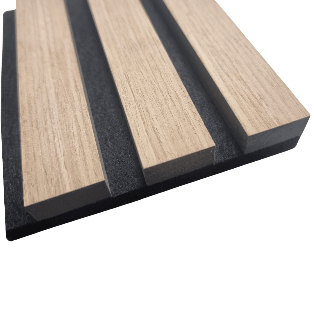 Elegant Acoustic Wood Slatted Wall Panels in a soft beige shade from Furnish 365 Limited, combining luxury furniture aesthetics with practical sound dampening.