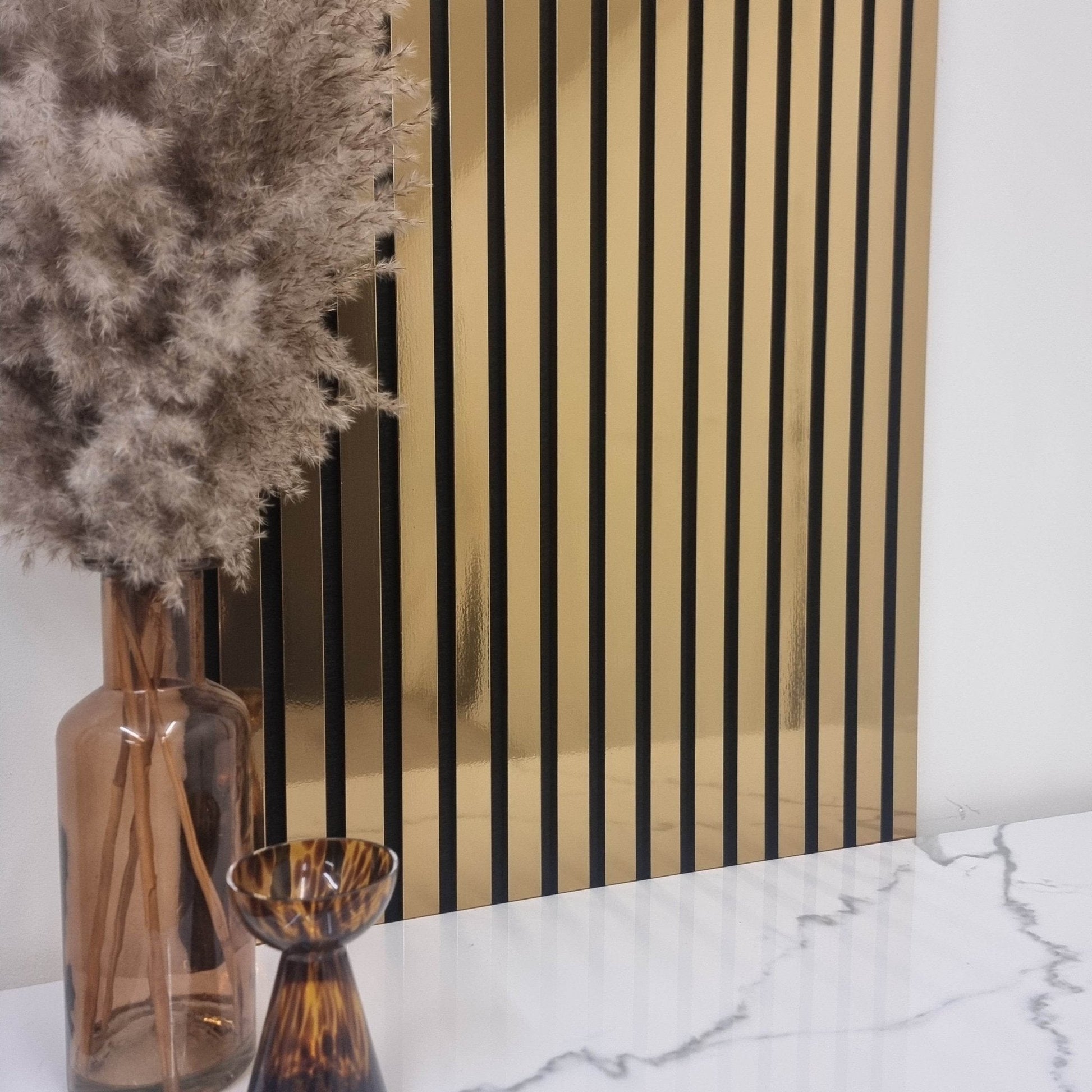 Stylish Acoustic Wood Slatted Wall Panel by Furnish 365 Limited, featuring luxurious golden slats to enhance your space, perfect for adding a touch of luxury furniture.