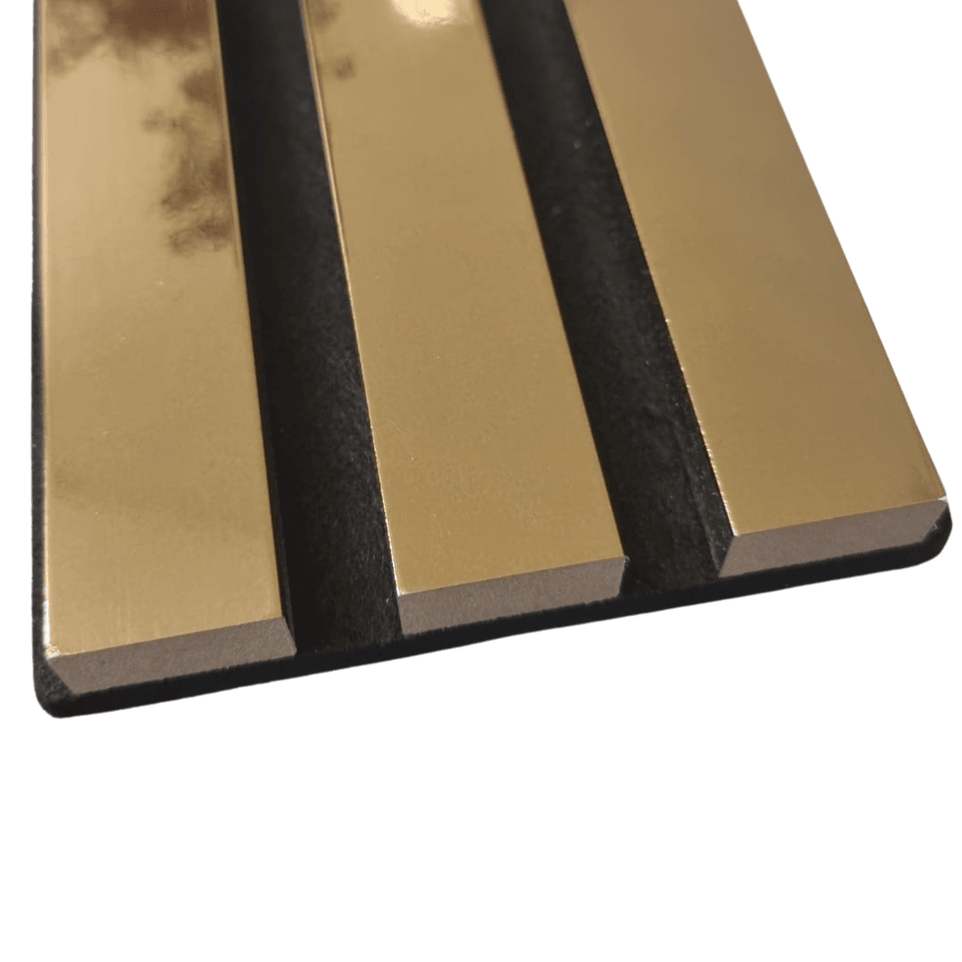 Chic Acoustic Wood Slatted Wall Panel from Furnish 365 Limited with refined gold finish, perfect for creating an upscale atmosphere in any room with luxury furniture.