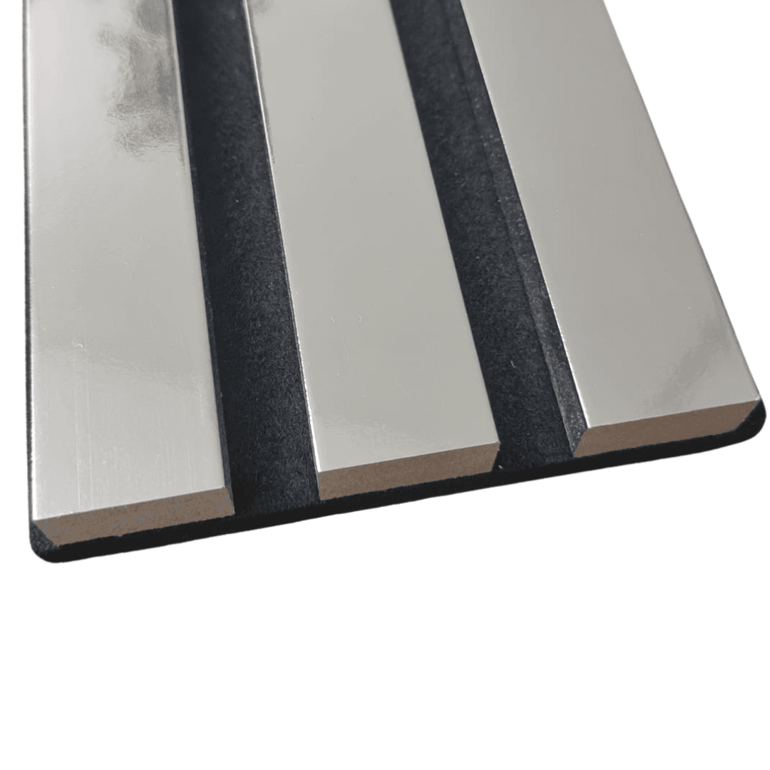 Close-up of an Acoustic Wood Slatted Wall Panel by Furnish 365 Limited, featuring a shiny silver surface, ideal for those looking to integrate luxury furniture into their decor.