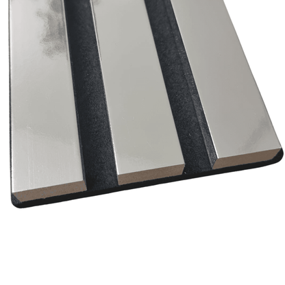 Close-up of an Acoustic Wood Slatted Wall Panel by Furnish 365 Limited, featuring a shiny silver surface, ideal for those looking to integrate luxury furniture into their decor.