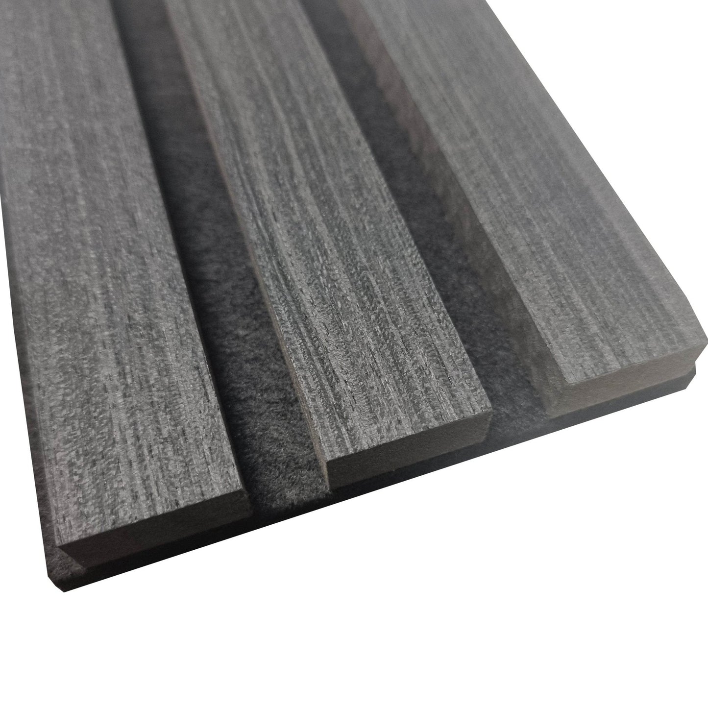 Close-up view of Acoustic Wood Slatted Wall Panels by Furnish 365 Limited, showcasing luxury furniture with a stylish, sound-dampening felt back.