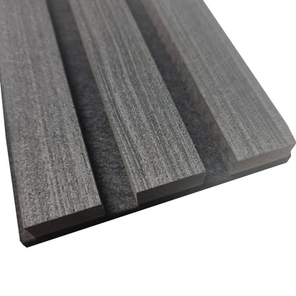 Close-up view of Acoustic Wood Slatted Wall Panels by Furnish 365 Limited, showcasing luxury furniture with a stylish, sound-dampening felt back.